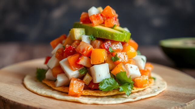 Delicious looking tostada exotica stacked high on a tortilla and topped with chopped fruit and avocado for an excellent Mexcian seafood meal
