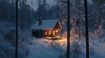 Cozy Cabin in Snowy Forest at Dusk