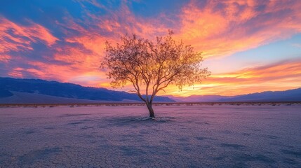 Stunning Isolated Tree Against Colorful Sunset Sky in Desert Landscape with Vibrant Colors and Serene Atmosphere Emphasizing Nature's Beauty and Solitude