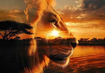 Majestic Lion at Sunset over African Savanna