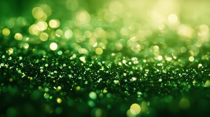 Obraz premium Green glitter sparkles with bokeh lights.