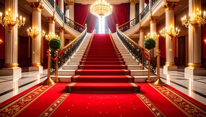 Obraz premium Illustration of a luxurious red carpet entrance with stairs for a celebration. 