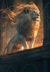 Majestic lion, golden mane, gothic cathedral, divine light, illustration