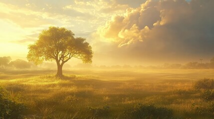 Fototapeta premium Serene Sunrise Landscape with Lone Tree in Open Field Surrounded by Soft Golden Light and Gentle Cloud Cover, Evoking Calm and Peacefulness in Nature