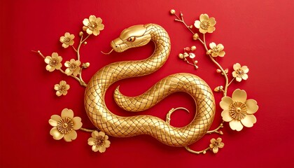 Obraz premium Snake art illustration, decorative design for Chinese New Year, depicting the zodiac symbol on a red background. 