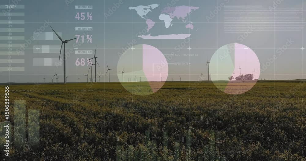 Poster at start fading in data table while wind turbines and infographic overlays animating energy data