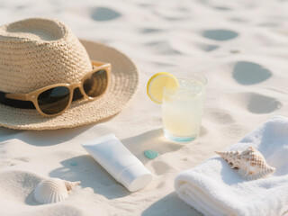 Minimalist Luxury Beach Flat Lay with Hat and Lemonade