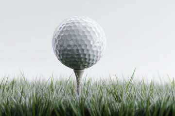 A pristine white golf ball rests atop a tee, nestled in a bed of short, green grass against a muted white background