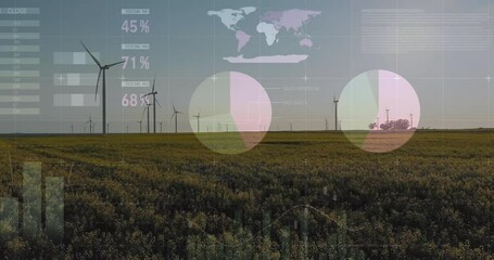 At start fading in data table while wind turbines and infographic overlays animating energy data - Powered by Adobe