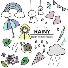 梅雨の手描きアイコン素材｜夏・雨・紫陽花のイラストセット	