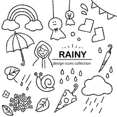梅雨の手描きアイコン素材｜夏・雨・紫陽花のイラストセット	