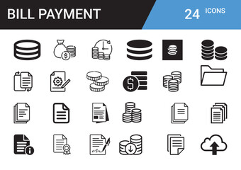 Bill Payment Icon Set: A comprehensive collection of 24 meticulously crafted icons, designed for seamless integration into any billing or payment application, website, or document.