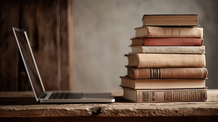 Stack of books with laptop on wooden table in cozy study or home office setting