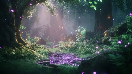 Magical forest pathway surrounded by lush green trees and ferns with mystical sunlight