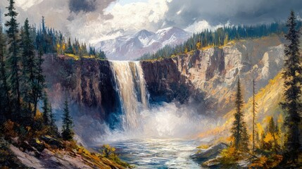 Fototapeta premium Majestic waterfall cascading down rocky cliffs surrounded by tall trees and mountains under a cloudy sky, showcasing the beauty of nature in a vibrant landscape.