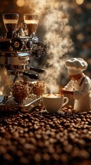 Miniature chef preparing coffee drinks at espresso machine, coffee beans background, festive lights