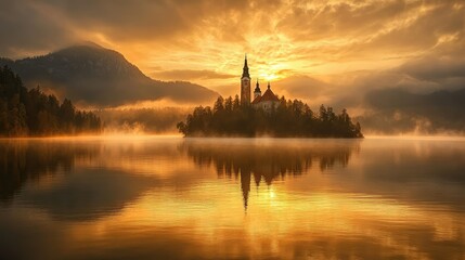 Serene Sunrise Over Lake with Island and Church, Illuminated by Golden Light Amidst Mountains and Calm Water in a Peaceful Landscape