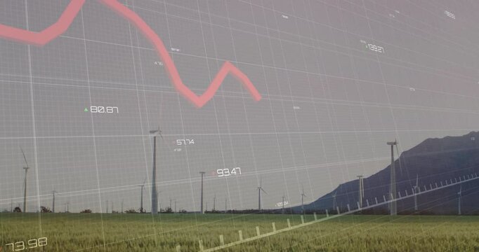 On start grid appearing over turbines red graph tracing downward then upward showing energy trends