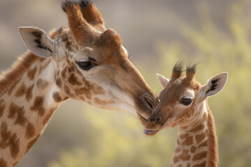 Obraz premium a giraffe licking a baby giraffe's nose