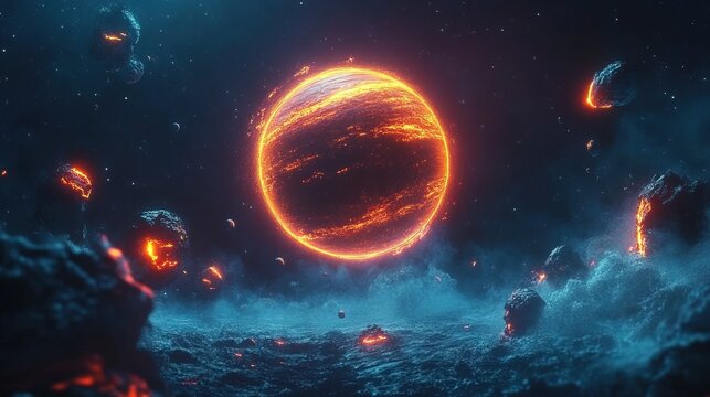 A floating neon planet surrounded by orbiting glowing stones