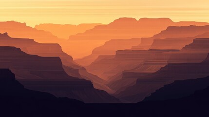 Naklejka premium Breathtaking Grand Canyon Landscape during Sunset with Striking Orange and Purple Sky Overlapping the Layered Rock Formations and Deep Valleys