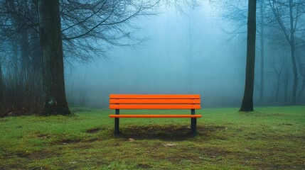 Vibrant Orange Bench in a Misty Forest Setting Surrounded by Tall Trees and Dewy Grass Creating a Serene and Calming Atmosphere for Reflection and Relaxation