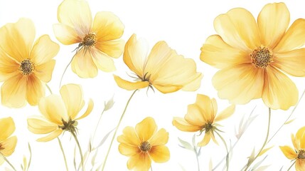 Fototapeta premium Beautiful Yellow Flowers in Full Bloom on a White Background, Showcasing Delicate Petals and Soft Colors for Fresh and Bright Decorative Use