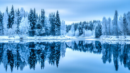 Winter serenity mirrored in a frozen lake, snow-laden trees under soft blue hues. Peaceful harmony of nature's quiet beauty.