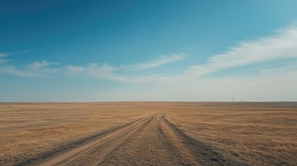 Serene Landscape of a Wide Open Prairie With a Dusty Road Leading to the Horizon Under a Clear Blue Sky and Soft White Clouds