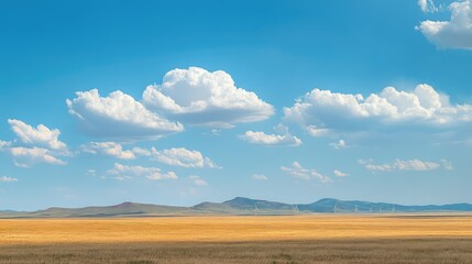 Fototapeta premium Expansive Golden Field Under Bright Blue Sky with Fluffy Clouds and Distant Mountains Enhancing the Beauty of a Serene Rural Landscape