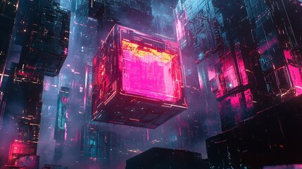Abstract glowing red and blue transparent cubes in a futuristic digital space.