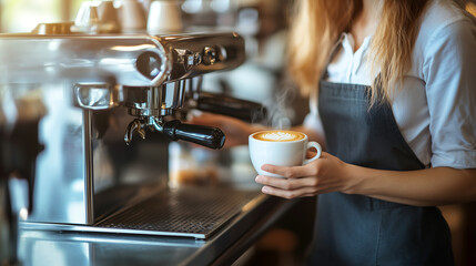 A coffee shop barista is skillfully making a latte, creating a welcoming and warm atmosphere with the rich aroma of freshly brewed coffee and steamed milk.
