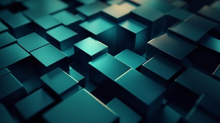 Abstract 3D Cubes Background, Technology And Geometric Design With Blue And Green Light Effects
