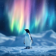 Obraz premium Penguin gazes at vibrant aurora borealis over arctic ice