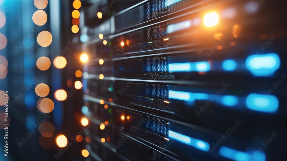 Fototapete close up of glowing data servers with orange and blue lights in a modern server room environment, id