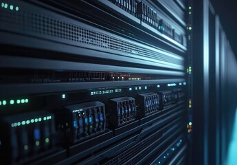 Fototapeta premium Close view of modern server hardware with illuminated network ports and sleek black design, representing data processing, IT infrastructure, and enterprise cloud systems