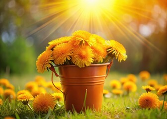 Dandelion flowers piled high in a small orange bucket