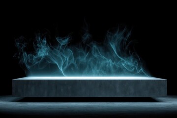 Ethereal teal smoke billows above a dark gray, flat, rectangular platform set against a black background