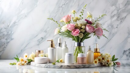 Aromatic floral arrangement amidst luxurious skincare products on a marble pedestal