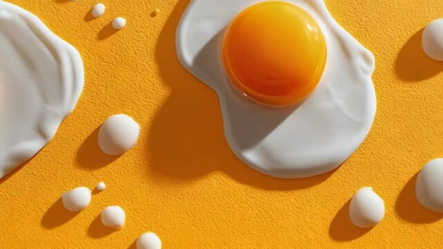 Fresh fried eggs on bright yellow background, breakfast food presentation with vibrant color contrast, minimal culinary arrangement