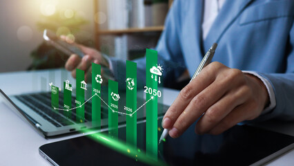Green business responsibility sustainable environment development for net zero. Co2, Carbon footprint Emission report graph.Carbon emission reduction target, low carbon economy concept.