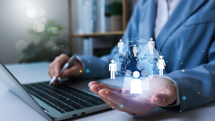 Customer Relationship Management (CRM), Businessman use tablet with global structure customer network technology, Data exchanges development. human resources, social media. digital marketing online.