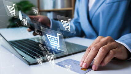 Man using smartphone online shopping and payment via mobile banking apps. financial technology, Digital banking network, internet payment and digital wallet.