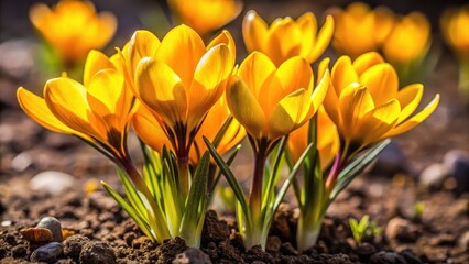 Bright yellow crocuses with delicate petals unfolding from the earth's surface