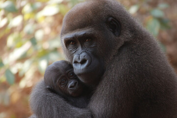 a gorilla holding a baby gorilla in its arms