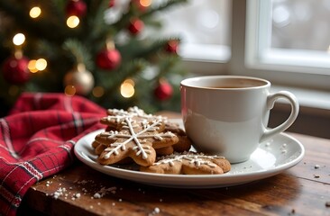 Fototapeta premium Cup of hot coffee with gingerbread on Christmas morning. Delicious strong coffee with dessert in the interior of a bright kitchen for the New Year holidays