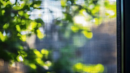 Window screen green leaves sunlight blurred background