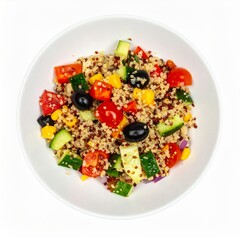 Bowl of quinoa salad with vegetables isolated on white background for vegan meal or healthy eating concept