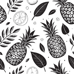 Seamless berry pattern with black and white fruit, leaf, and floral elements for a natural vector background