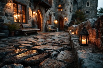 Cobblestone path with castle at dusk.